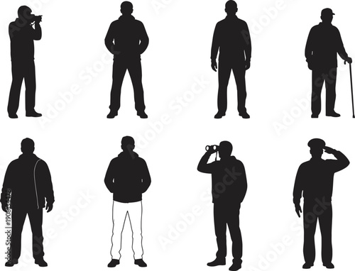 Set of eight black silhouettes of standing individuals in varied poses, including gestures and object use, ideal for design references, illustration, and behavioral studies.