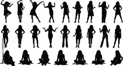 Female silhouette poses collection standing sitting dancing isolated on white background woman body language fashion lifestyle illustration