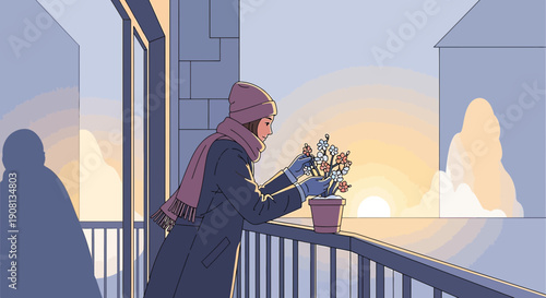 Woman tending to potted flowers on balcony at sunrise, winter scene with gentle light.