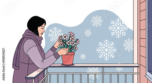 Woman tending to potted flowers on balcony during snowfall, winter garden illustration