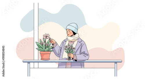 Woman tending to potted plants and bouquets, enjoying indoor gardening