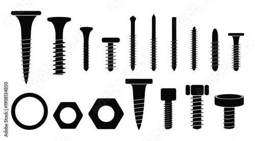 Collection of Silhouetted Screws, Bolts, Nuts, and Washers on White Background