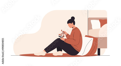 Woman tending to small plant on floor, minimalist indoor illustration