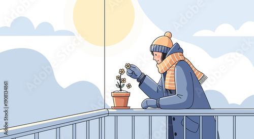 Woman tending to potted plant on balcony in winter, hope for spring bloom