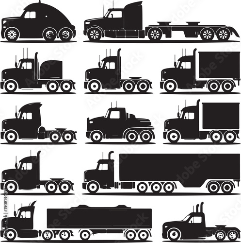 collection of semitruck silhouettes in various positions and configurations