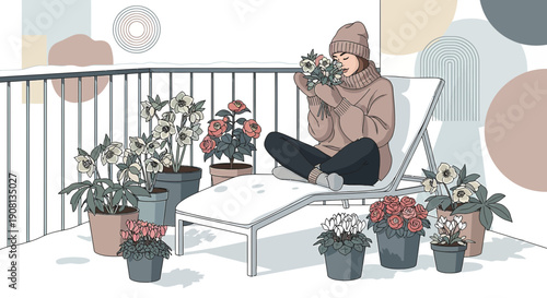 Woman tending to winter flowers on snowy balcony, cozy lifestyle illustration