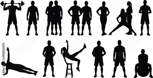 Fitness people silhouettes collection, male and female gym workout poses, strength training exercise activities isolated on white background