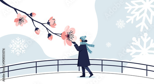 Woman Touching Cherry Blossom Branch in Winter Snowfall