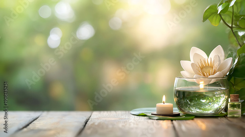 Serene setting featuring floating lotus flower in glass bowl, accompanied by lit candle and essential oil, evokes relaxation and tranquility