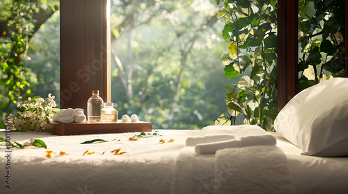 Experience tranquility with serene wellness setting featuring massage table, soft towels, and natural decor