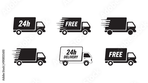 Minimalist delivery truck icons with 24h and free labels