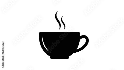 Black silhouette of a steaming coffee cup on a white background, minimalist icon