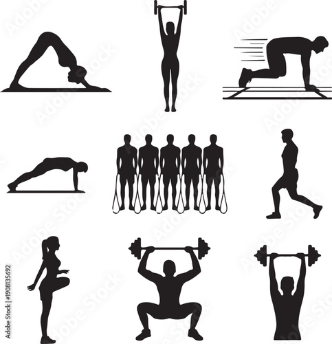 Black silhouettes of people exercising with dumbbells and resistance bands