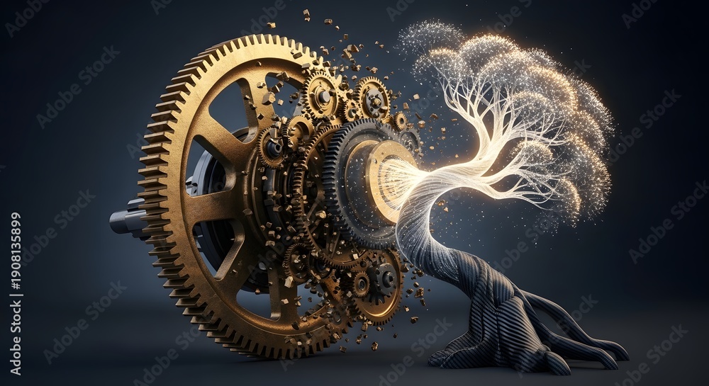 Obraz premium Mechanical gears transform into glowing tree symbolizing innovation and growth