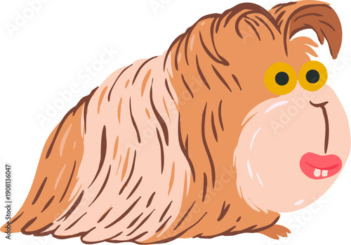 Fluffy guinea pig or hamster character in color cartoon flat style. Cute funny animal pet for children book, zoo market, game. Vector illustration.