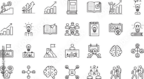Collection of line art icons representing business concepts like goal setting and teamwork
