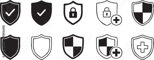 Collection of black and white shield icons representing security and protection featuring various symbols and designs for digital and graphic design use in modern applications.