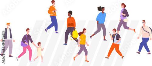 People crossing road on crosswalk. City street crowd