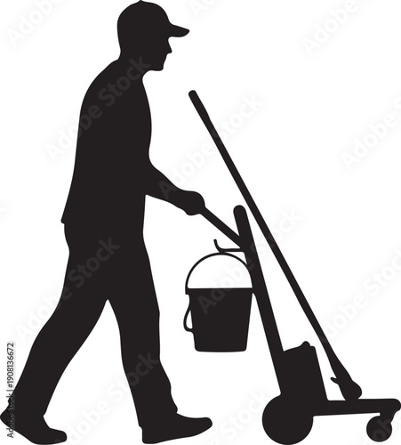 Cleaning professional pushing a service cart with essential supplies for floor maintenance