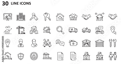 Collection of thirty simple line icons representing real estate and property services concepts in a clean and modern design suitable for websites and applications.