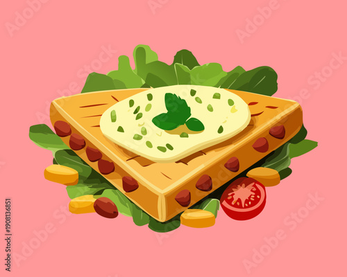 Savory flatbread with cheese and herb garnish served on a plate for healthy appetizer meal - Vector Illustration