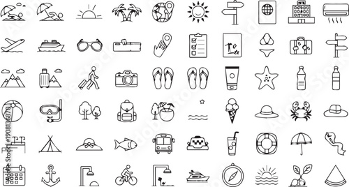 Black and white illustration set featuring various vacation and travel themed icons including transportation, accessories, and activities for holiday and adventure designs.