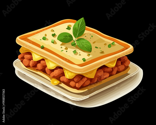 Delicious layered lasagna with cheese and fresh herbs served on a plate for Italian cuisine menu - Vector Illustration