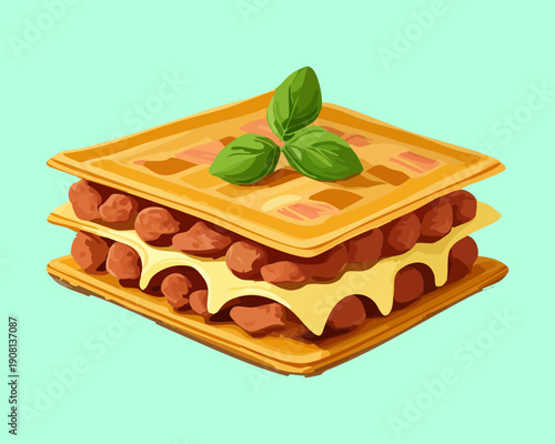 Homemade meat lasagna with thick layers of cheese and tomato sauce served on a plate - Vector Illustration