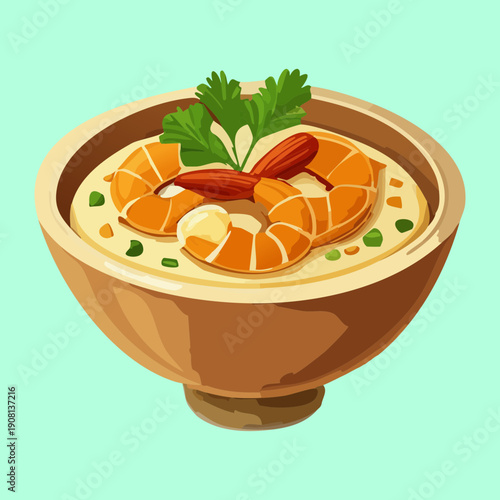 Hot shrimp soup in a bowl with rich broth and fresh herbs for healthy seafood dinner menu - Vector Illustration