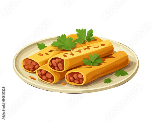 Long crispy rolls stuffed with savory ingredients arranged on a plate for party snack and appetizers - Vector Illustration
