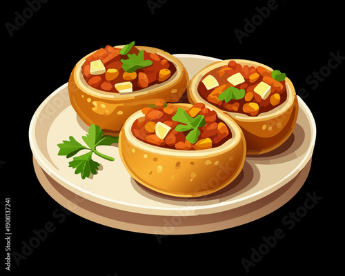 Small round bread bowls stuffed with savory meat and vegetable fillings for appetizer party catering service - Vector Illustration