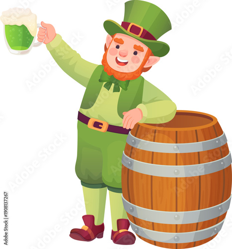 Leprechaun drink green beer from wooden barrel cartoon icon