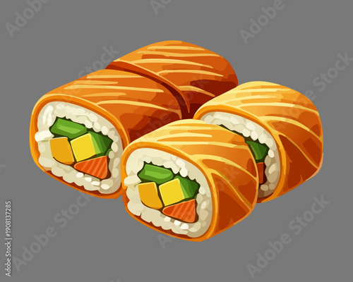 Sliced sushi rolls with salmon and vegetable filling on gray plate - Vector Illustration