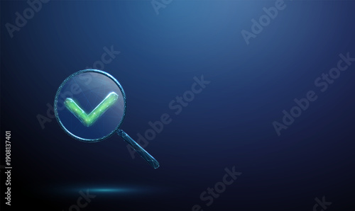 3d blue magnifying glass with green check mark. Successful verification, confirmed result, quality assurance, compliance confirmation,  reliable evaluation concept.