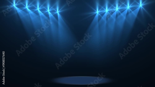 A bright stage with a lit circular podium and rows of blue spotlights from above, creating diverging beams of light on a neutral background. Spotlights that direct beams of light downward.