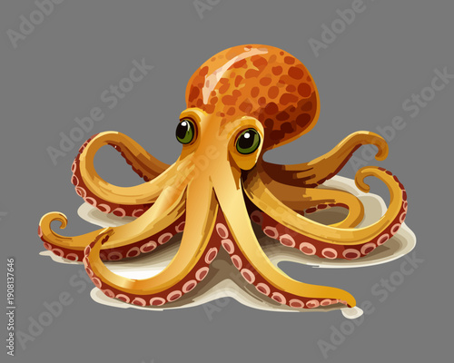 Whole cooked octopus with tentacles and fresh parsley on dark round platter - Vector Illustration