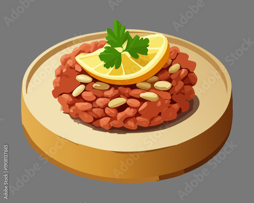 Plate of meat salad with onions and lemon garnish on round wooden board - Vector Illustration