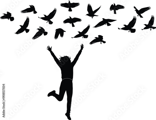 Girl silhouette jumping with flying birds, freedom concept illustration isolated on white background symbolizing hope, inspiration and limitless dreams