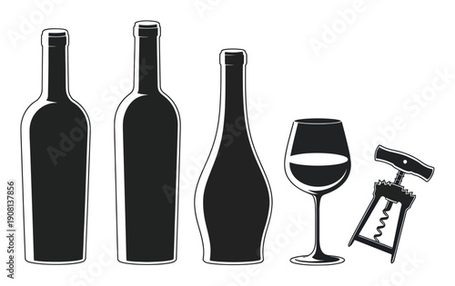 Silhouette of wine bottles, glass, and corkscrew on white background