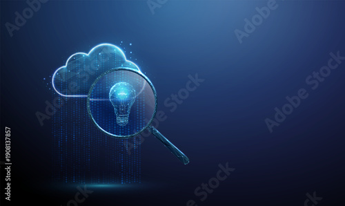 3d blue data cloud in flowing stream of dots under magnifying glass with light bulb. Idea discovery from data, insight generation, creative problem solving concept.