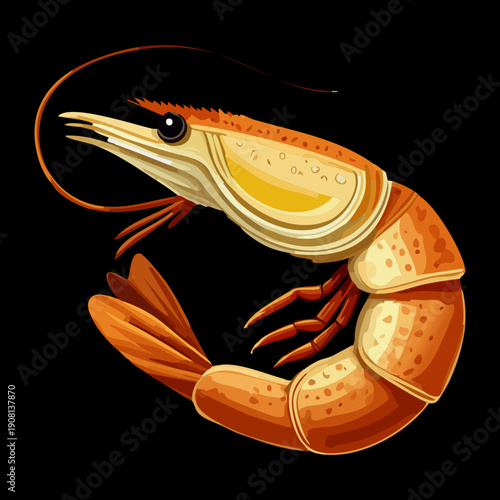 Single large cooked prawn shrimp with antenna and tail detail on black minimalist plate - Vector Illustration