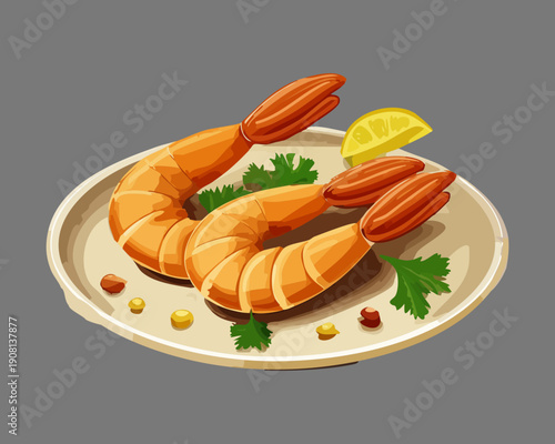 Fresh cooked shrimp prawns with lemon wedge and green herbs on gray plate for seafood - Vector Illustration