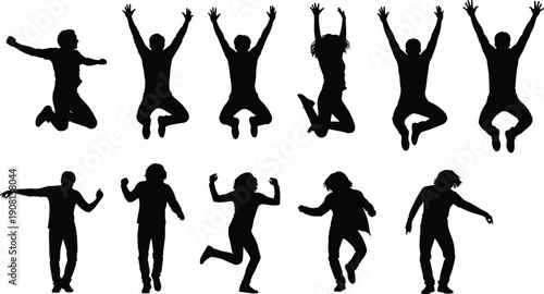 Jumping and dancing people silhouettes collection, happy men and women celebrating isolated on white background for freedom and energy concept