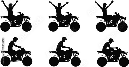 ATV rider silhouette collection set featuring man driving quad bike with raised arms and helmet isolated on white background for adventure motorsport design