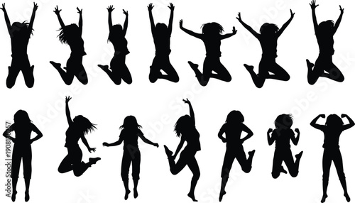 Jumping women silhouettes collection, happy female figures celebrating freedom isolated on white background for energy and youth lifestyle concept