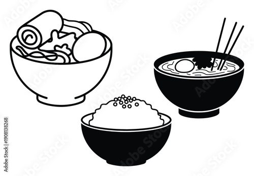 Simple Line Art Illustrations of Asian Food Bowls