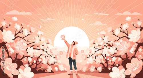 Woman taking selfie among blooming cherry blossom trees at sunrise, serene nature