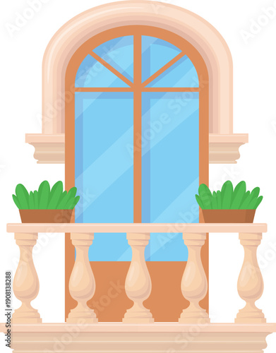 Vintage balcony with stone balustrade. Building front view