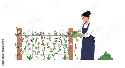 Woman Tending Climbing Flowers on Garden Fence, Minimalist Botanical Illustration