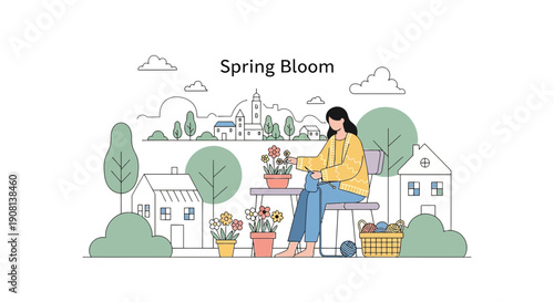 Woman Tending Flowers in Cozy Village Scene, Spring Bloom Illustration